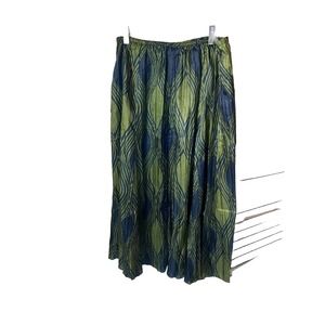 90s Crinkle Skirt JACLYN SMITH L GREEN BLUE ABSTRACT MIDI  SKIRT Broomstick Vtg
